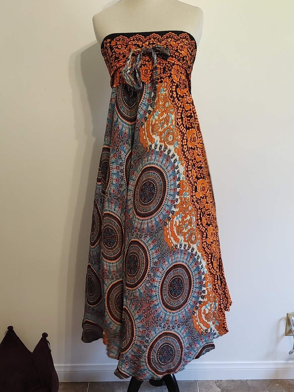 Strapless Bohemian Maxi Dress in Orange and Blue